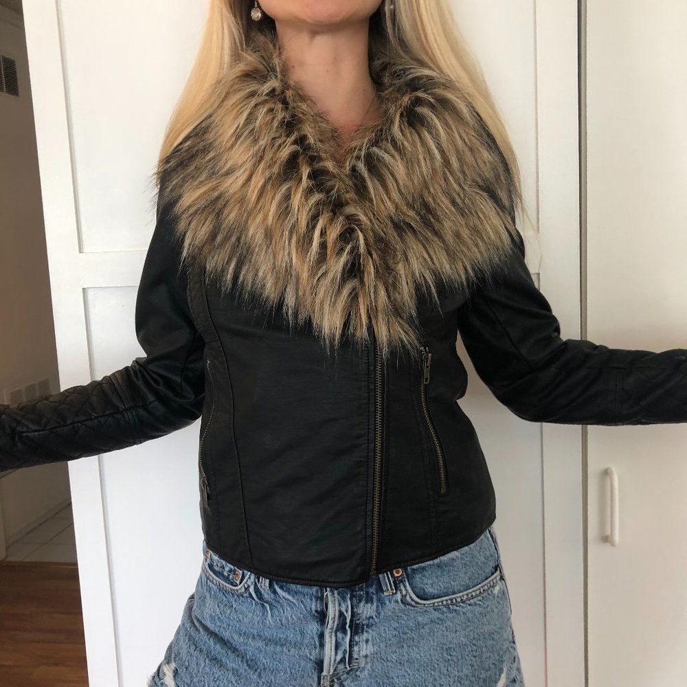 Black Bomber Jacket - Faux Fur - Model size small